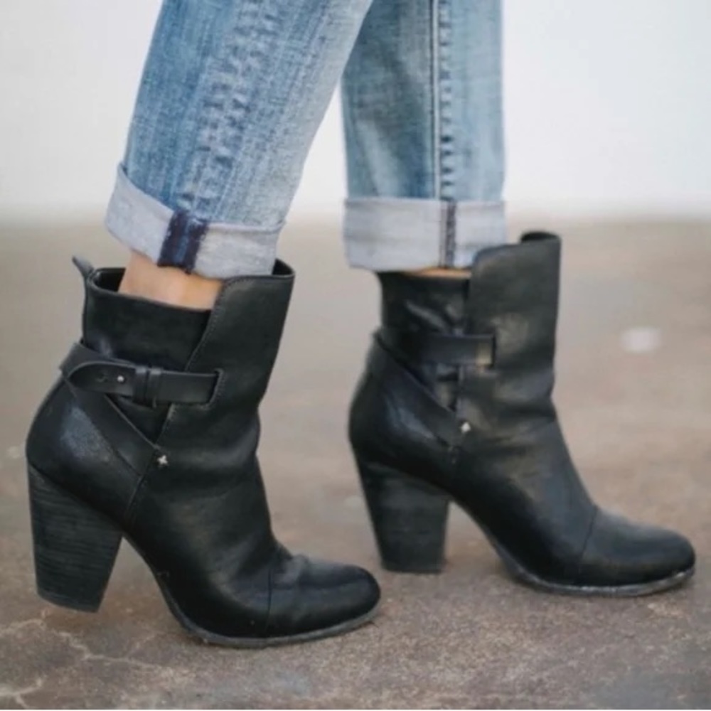 Rag & Bone Kinsey Black Leather Ankle Boots Bootie Heel Moto Size 39